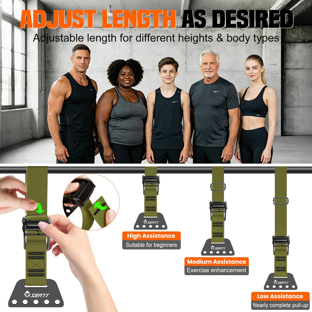 SERTT bands attached to pull-up bar in use demonstrating safe assisted pull-up support