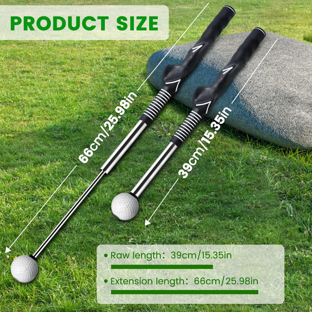 Seticek extended trainer beside ruler showing 26.5-inch reach for proper swing tempo benefit