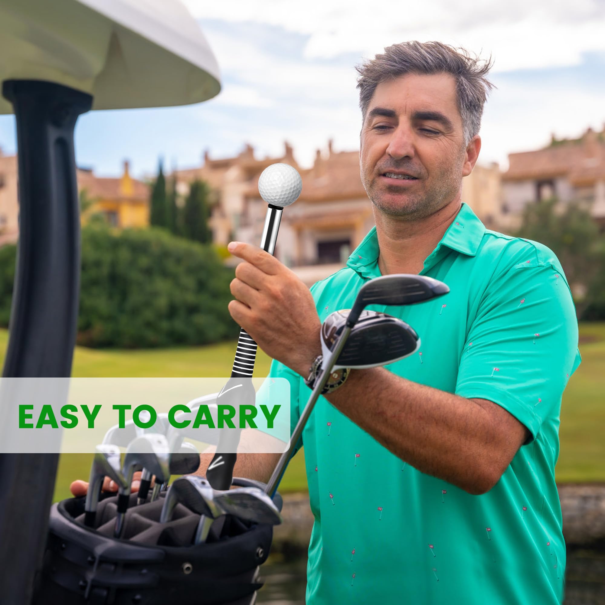Seticek collapsed trainer inside a golf bag demonstrating portable practice convenience benefit