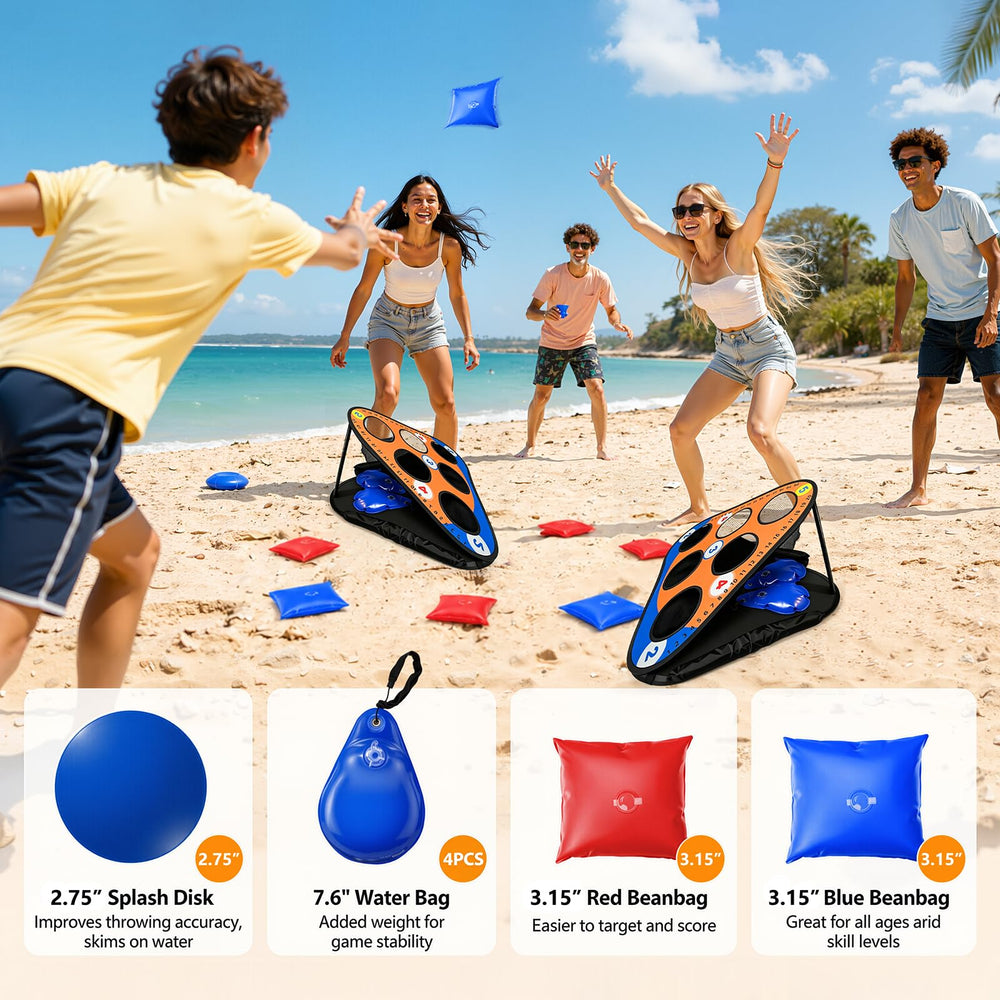 SETOXYX bean bags floating near a board illustrating buoyant play and durable fabric benefit