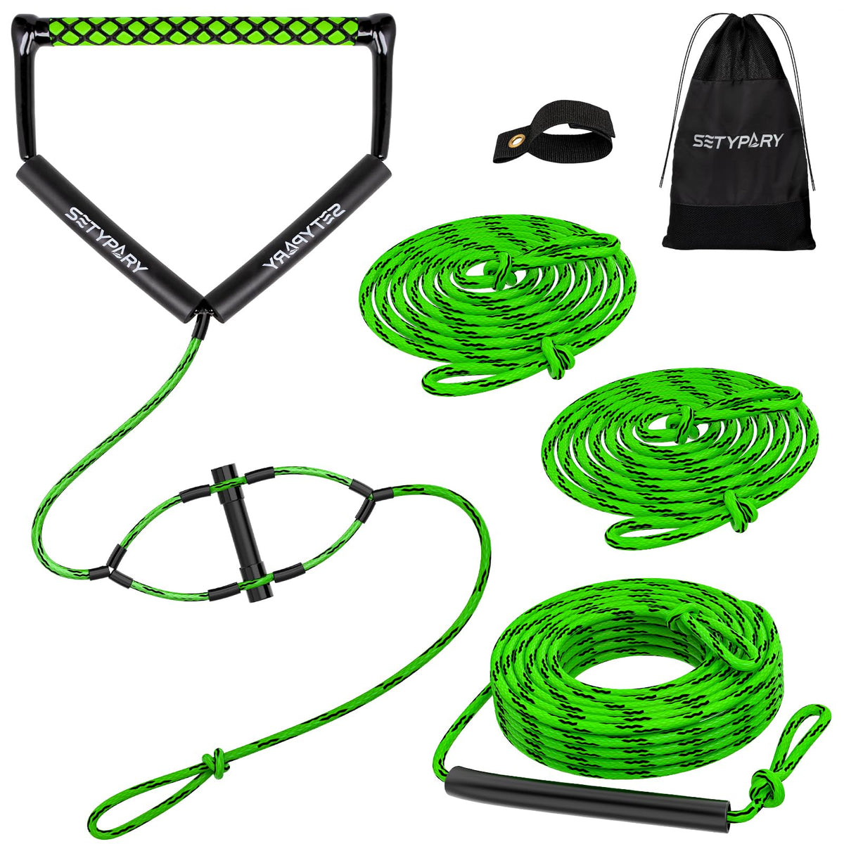 SETYPARY front view of packaged 75ft rope and handle showing components and color