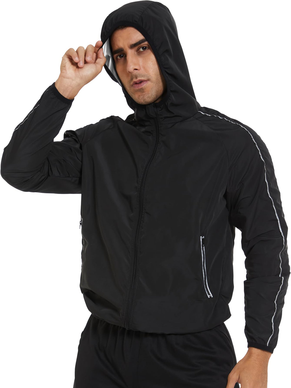 SEXYWG sauna jacket front hooded view showing athletic fit and warmth benefit