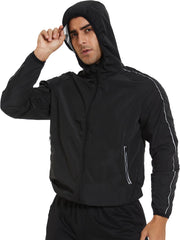 SEXYWG sauna jacket front hooded view showing athletic fit and warmth benefit
