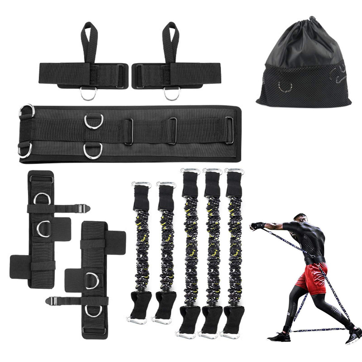 Sfeexun front view of full boxing resistance set, shows all components and portability benefits