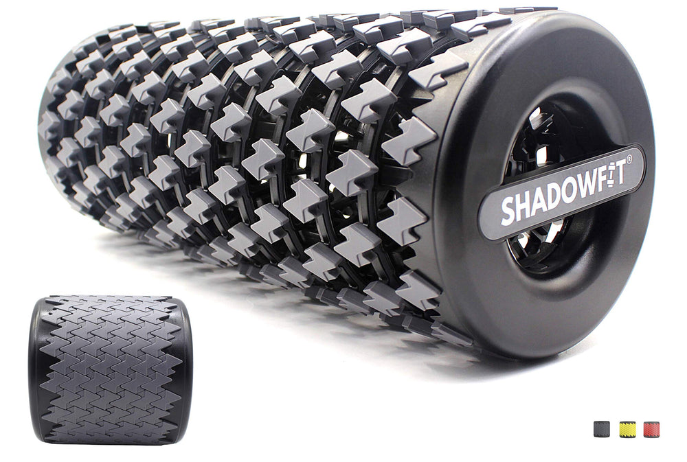 Shadowfit foam roller front view showing compact gray design and portability benefit