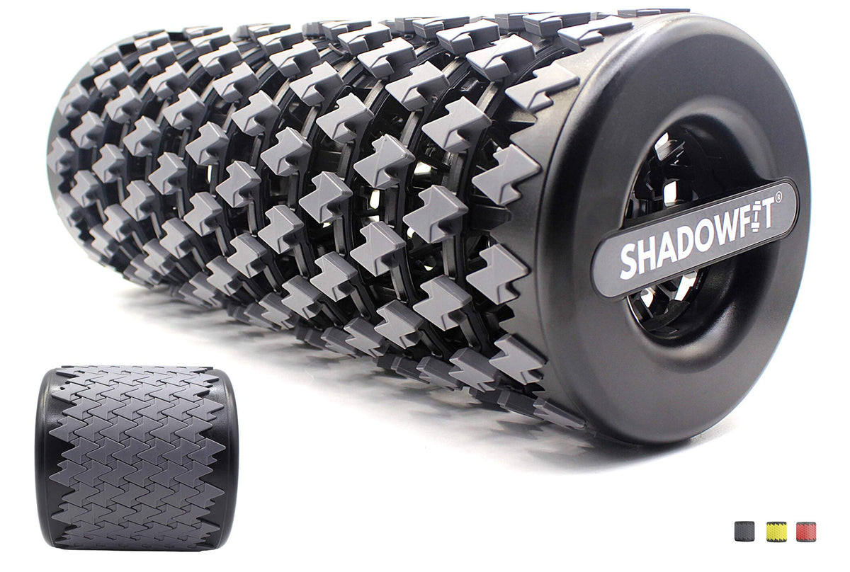 Shadowfit foam roller front view showing compact gray design and portability benefit