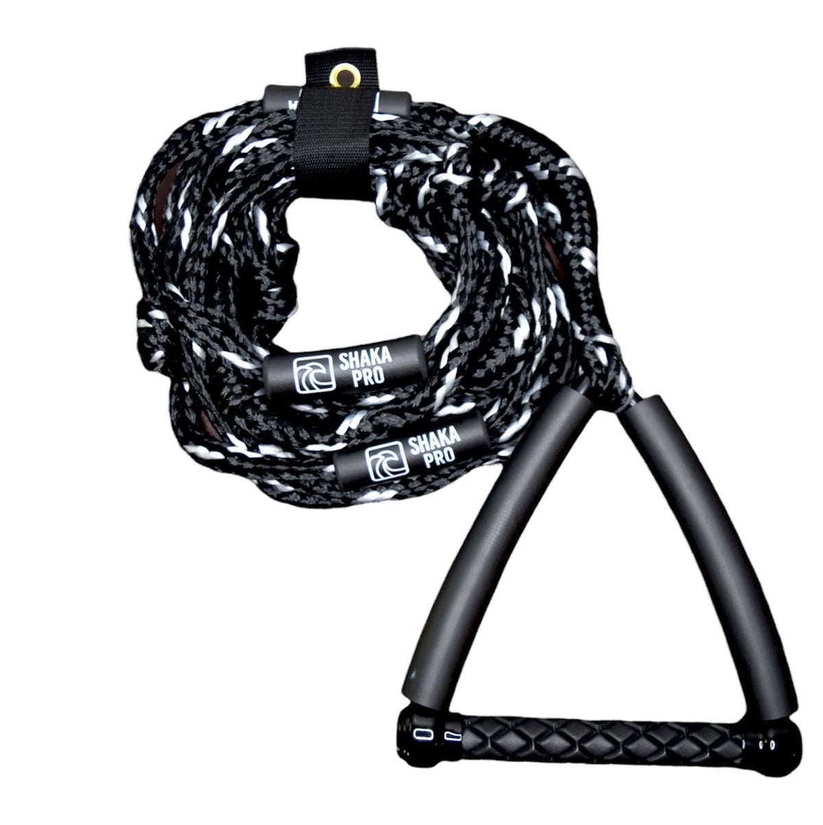 Shaka Pro front view of black wakesurf rope package showing compact design and benefits