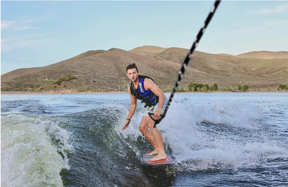 Shaka Pro rope next to a ruler showing 25 foot scale for correct tow distance