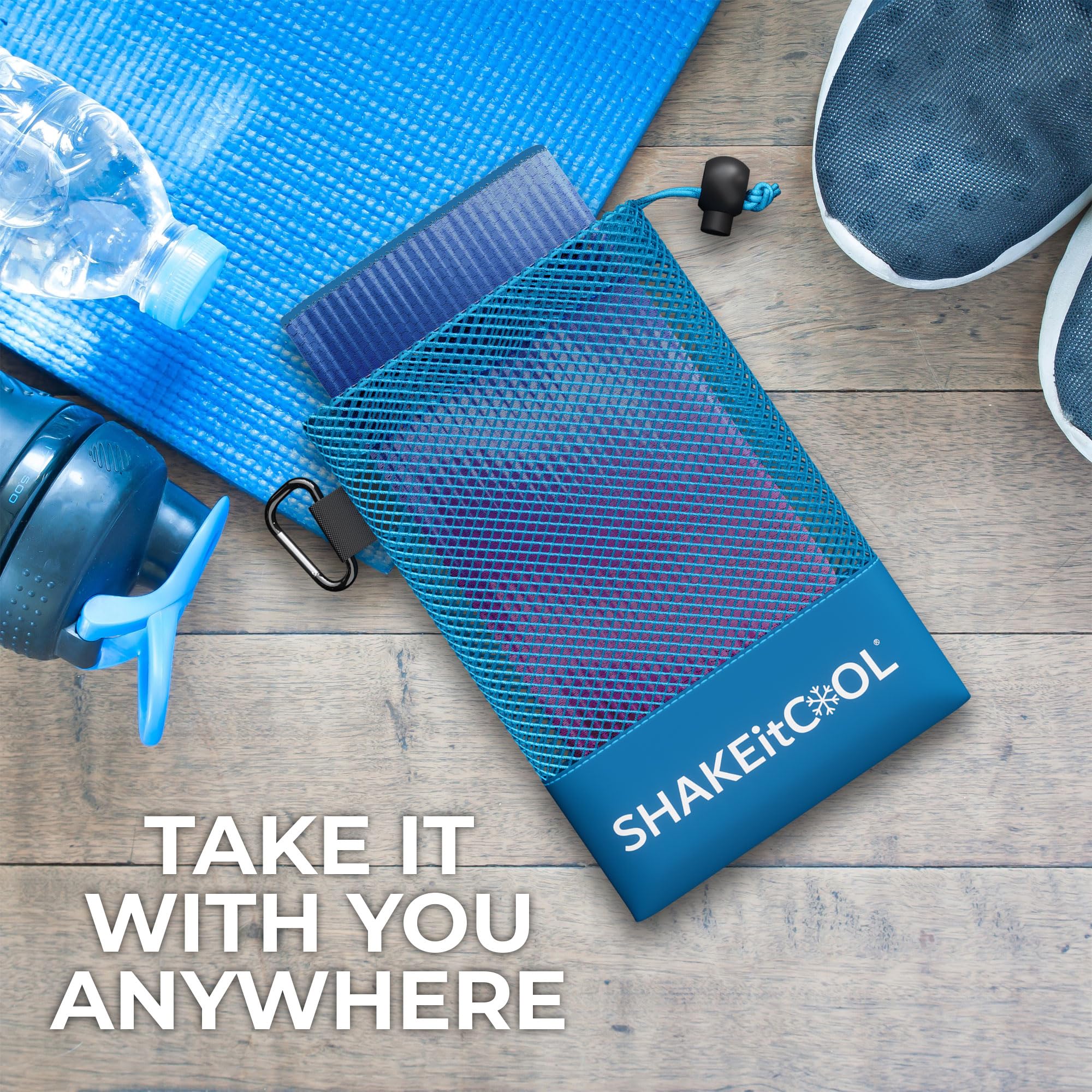SHAKEitCOOL folded inside gym bag demonstrating compact portability and easy storage