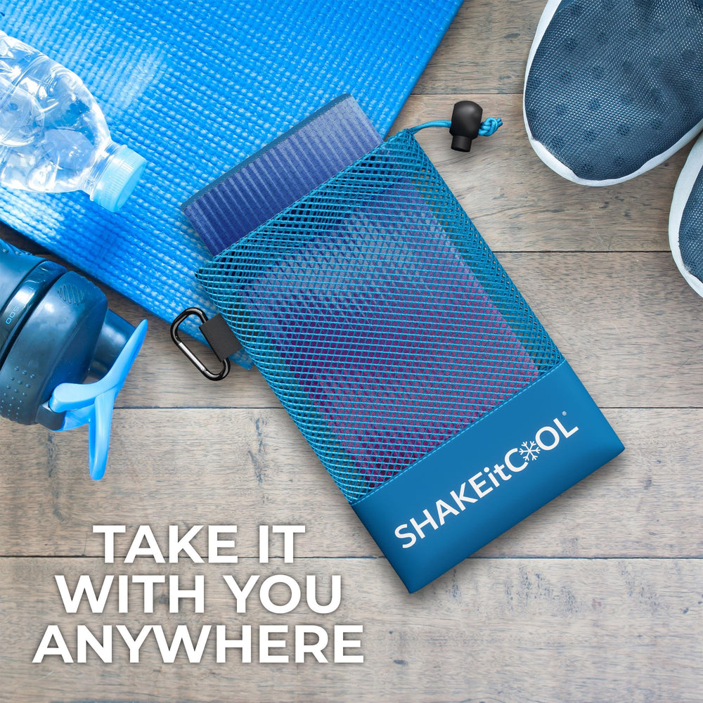 SHAKEitCOOL folded inside gym bag demonstrating compact portability and easy storage