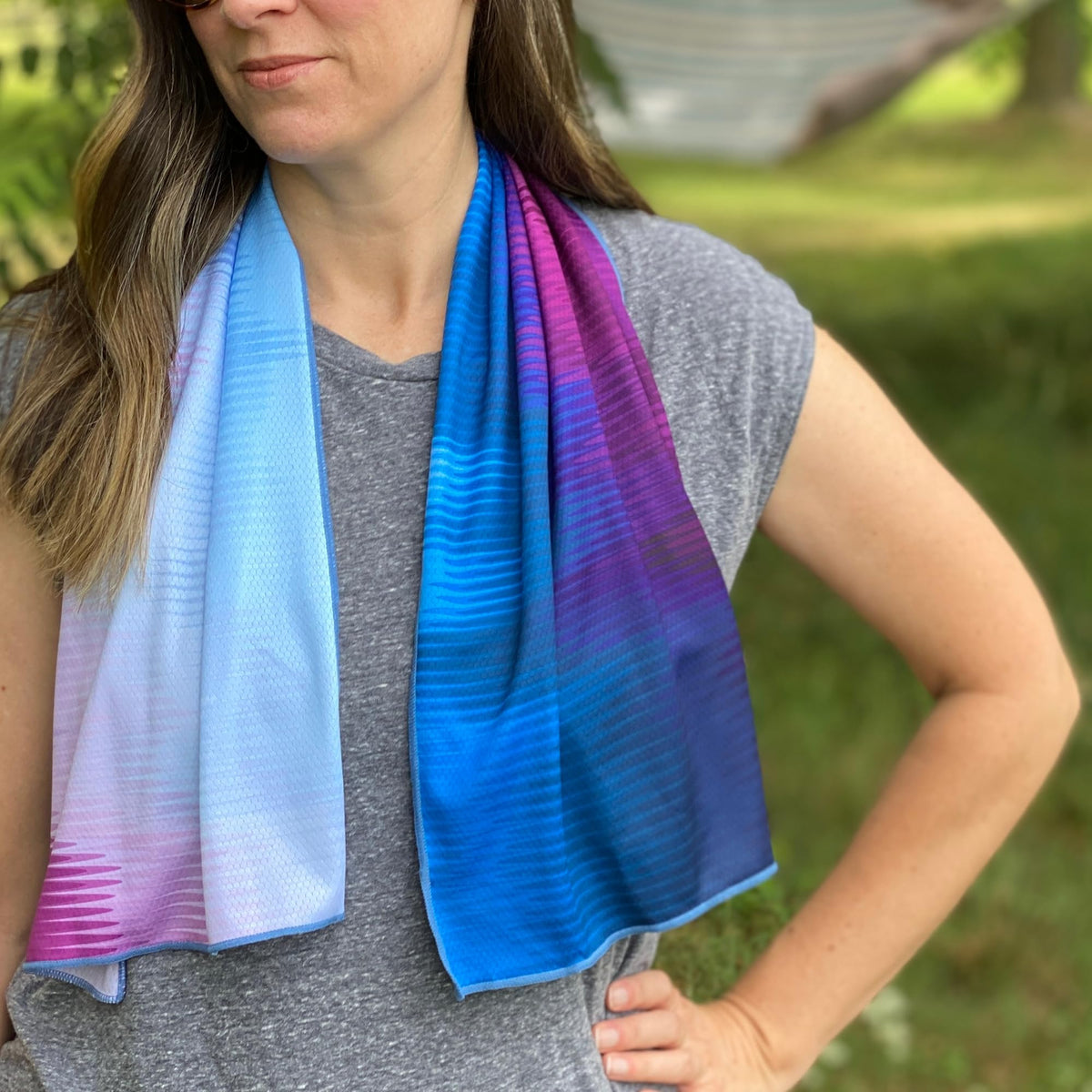 SHAKEitCOOL front view Blue Purple Wave towel showing full length and pattern for stylish cooling