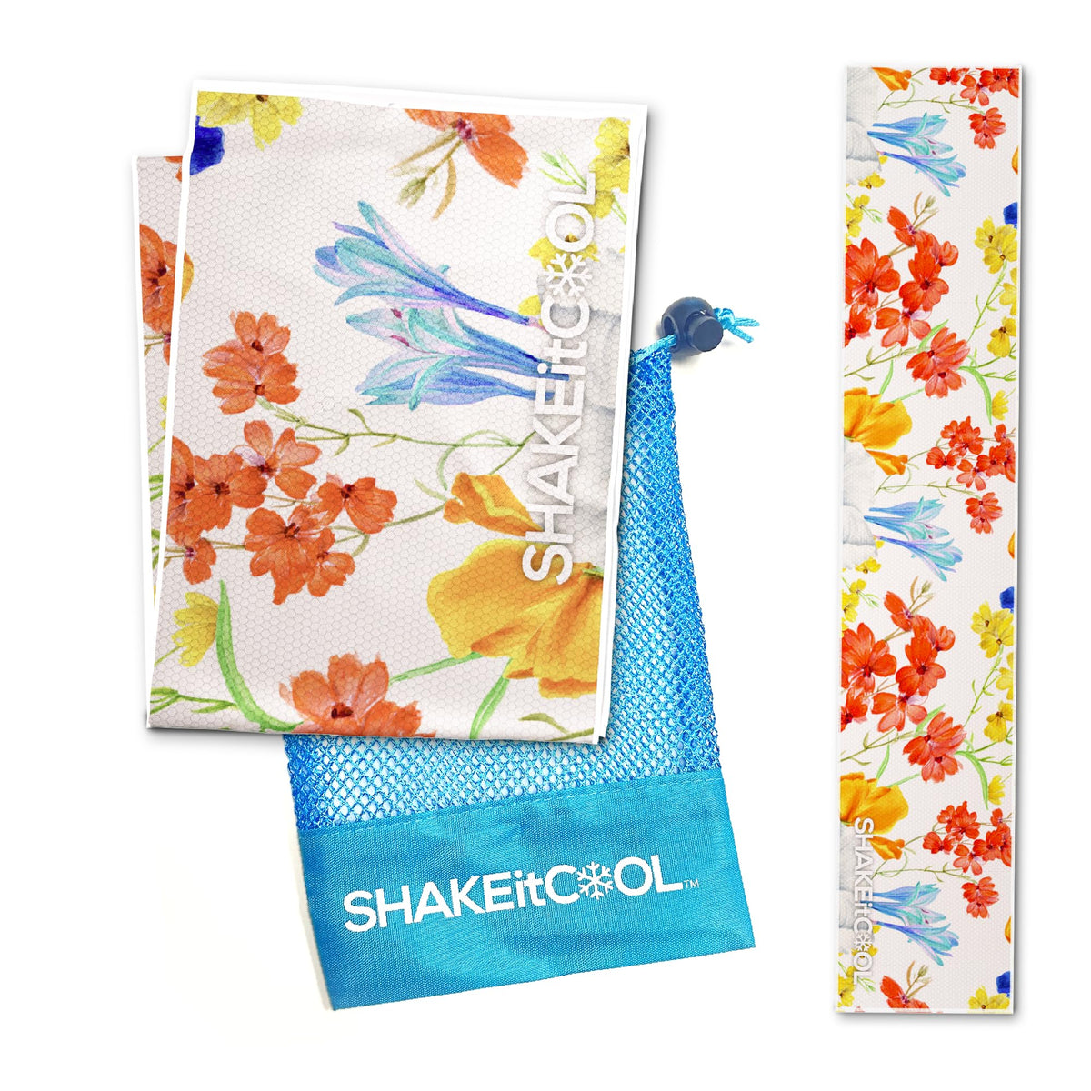 SHAKEitCOOL front packaging showing flower print and compact pouch for easy transport