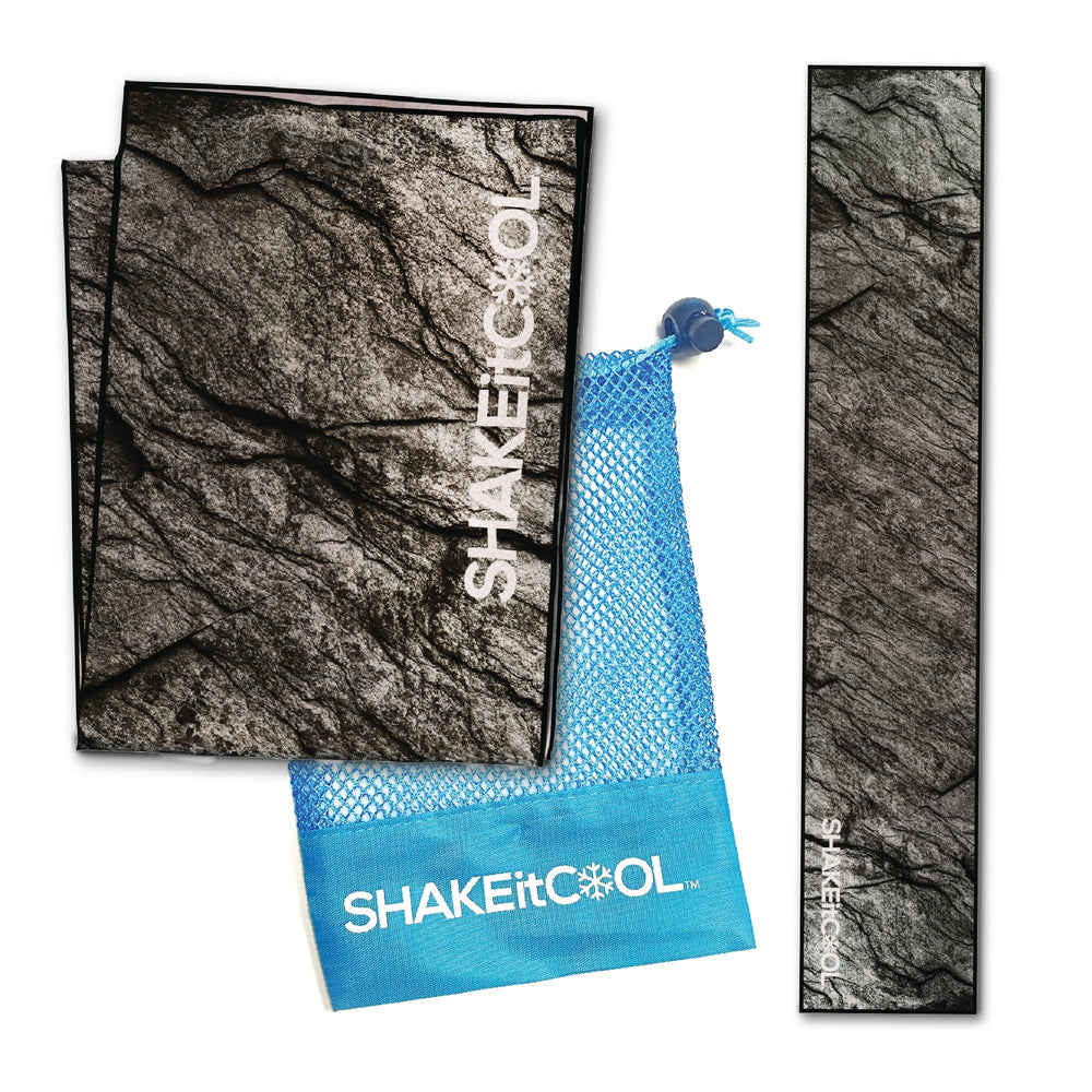 SHAKEitCOOL front view of granite towel showing compact folded pouch and benefit portability