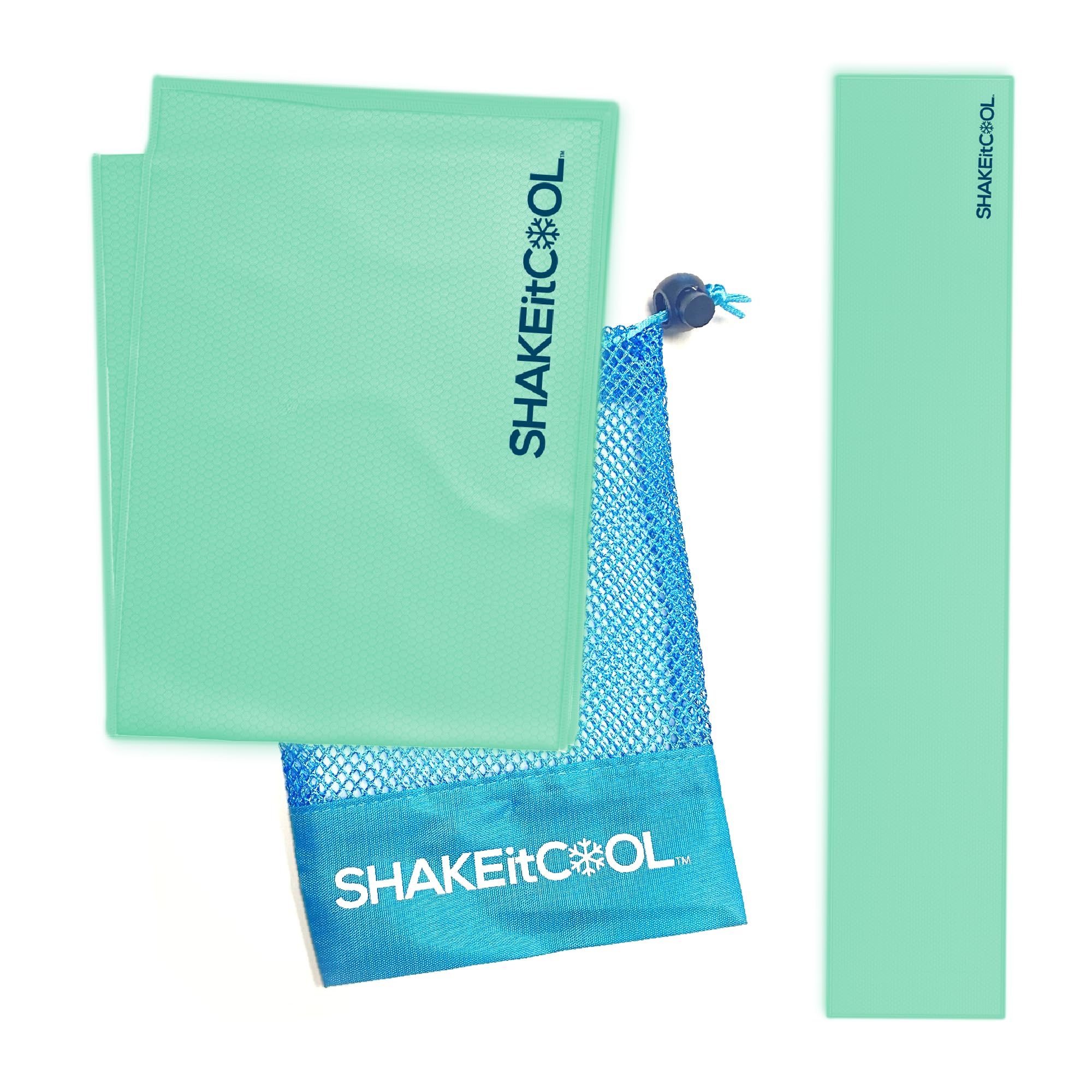 SHAKEitCOOL teal towel front view showing compact design and portability benefit