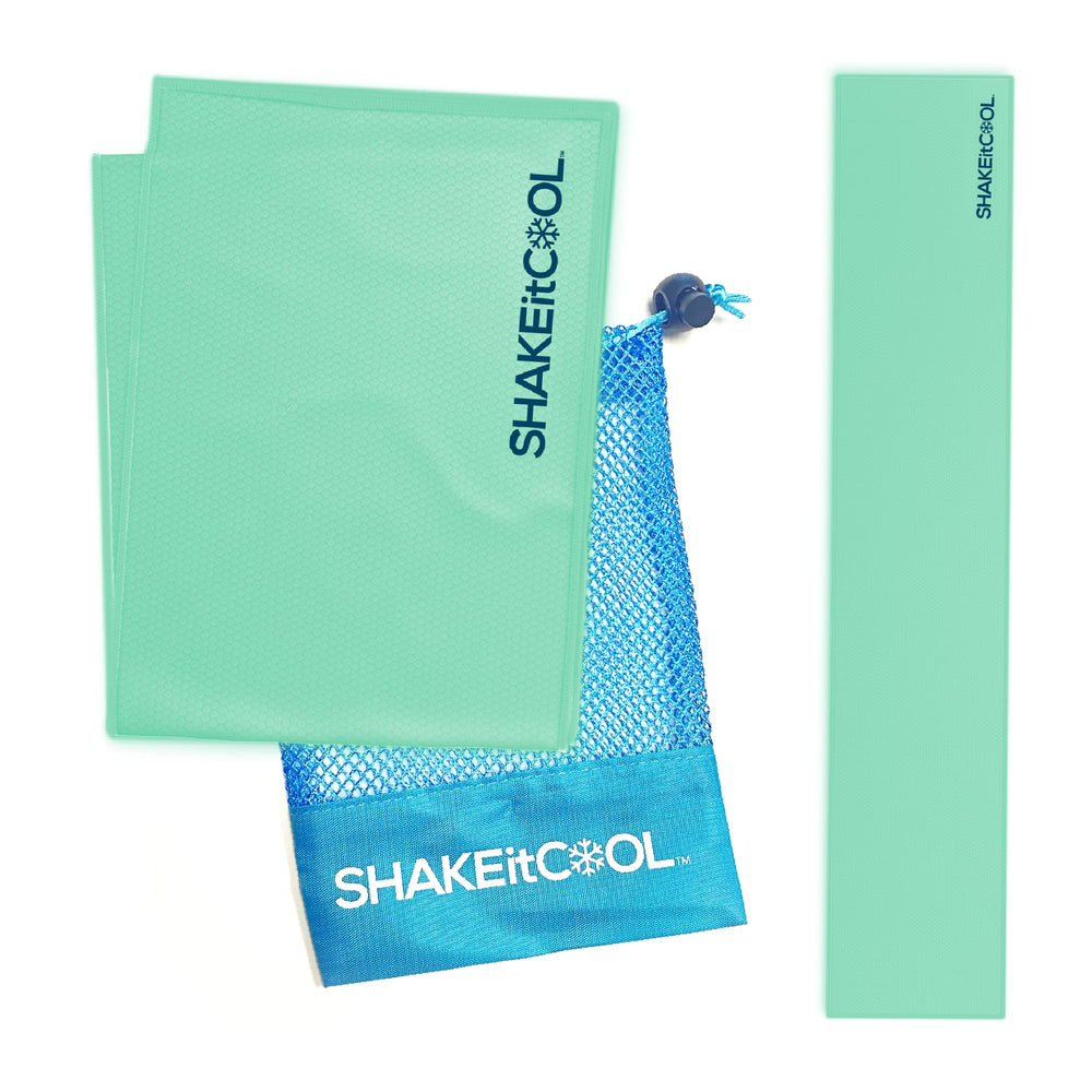 SHAKEitCOOL teal towel front view showing compact design and portability benefit