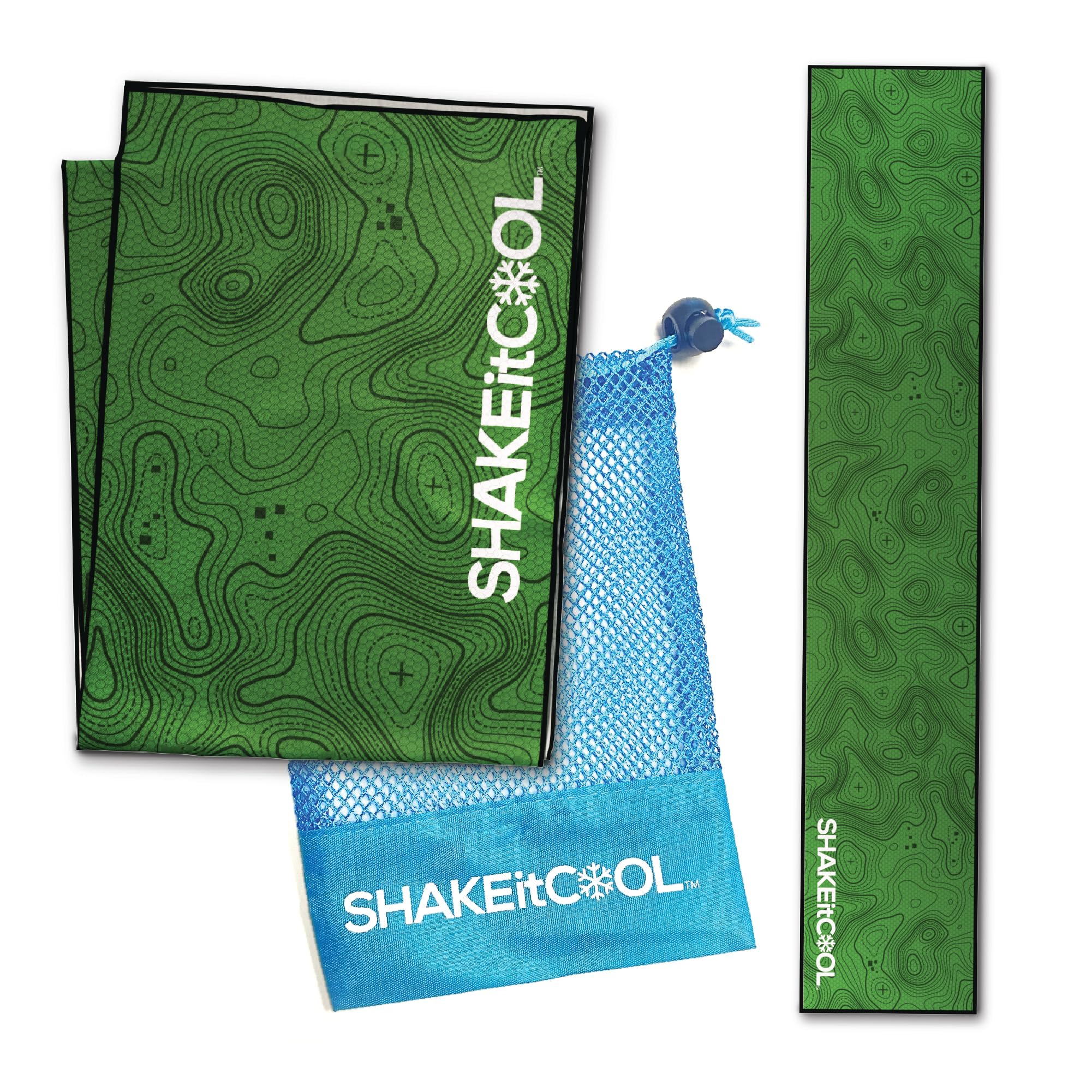 SHAKEitCOOL front view of Green Topo towel showing full pattern and cooling benefit