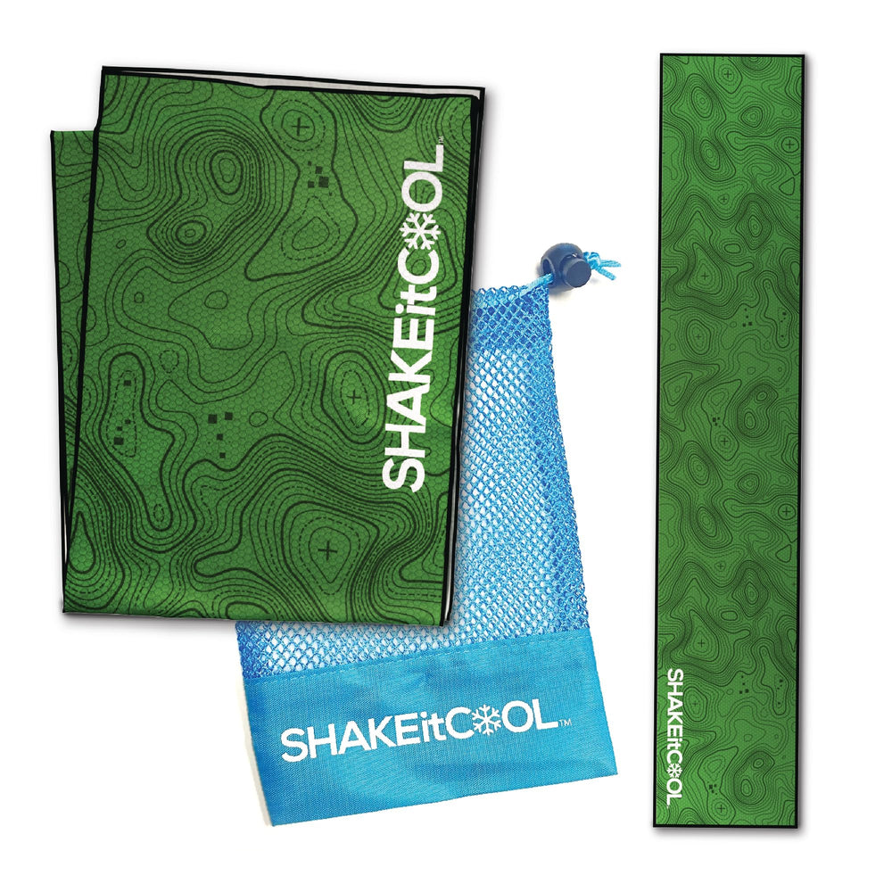 SHAKEitCOOL front view of Green Topo towel showing full pattern and cooling benefit