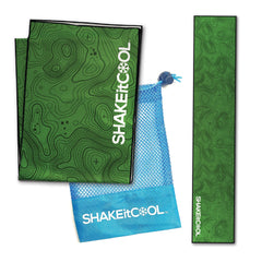 SHAKEitCOOL front view of Green Topo towel showing full pattern and cooling benefit