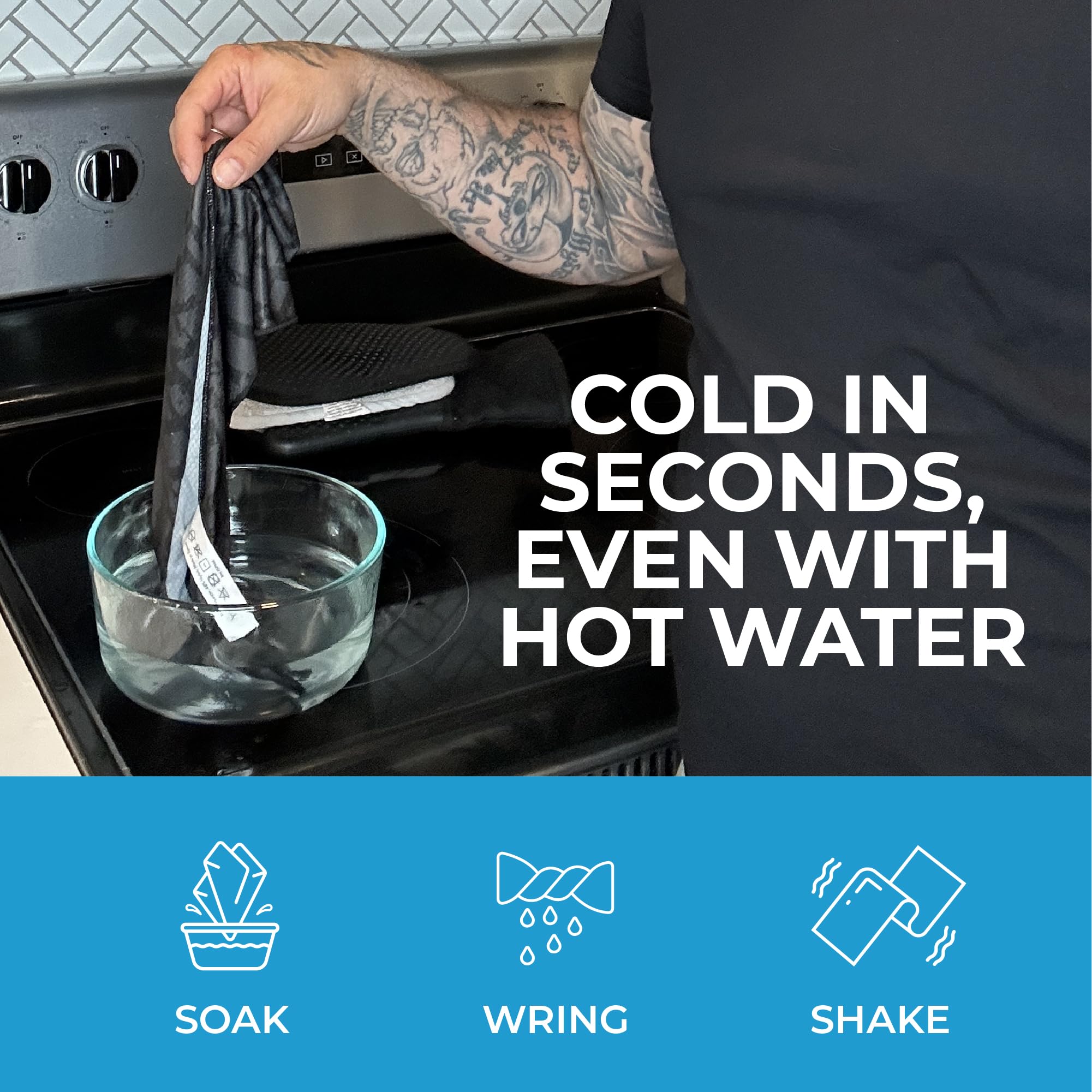 SHAKEitCOOL towel draped across shoulders offering wide coverage and sweat management
