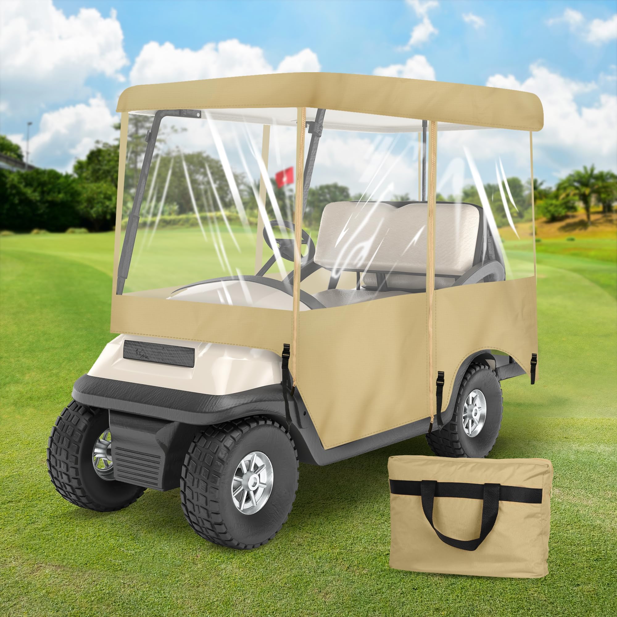 SHANTRA front view of covered golf cart showing full weather protection