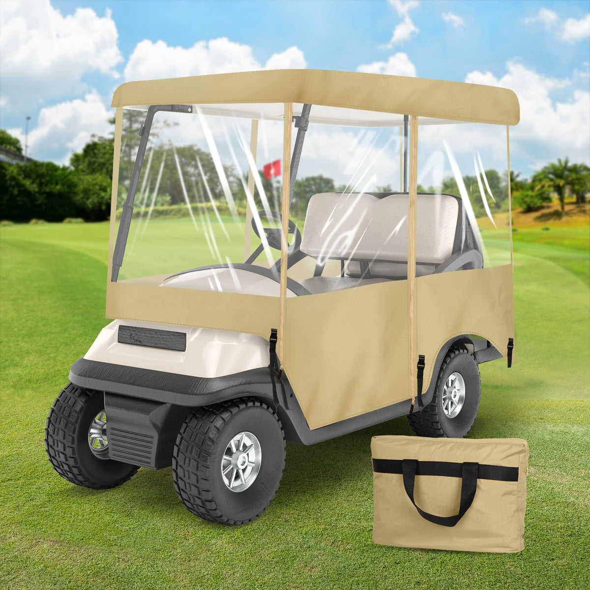 SHANTRA front view of covered golf cart showing full weather protection