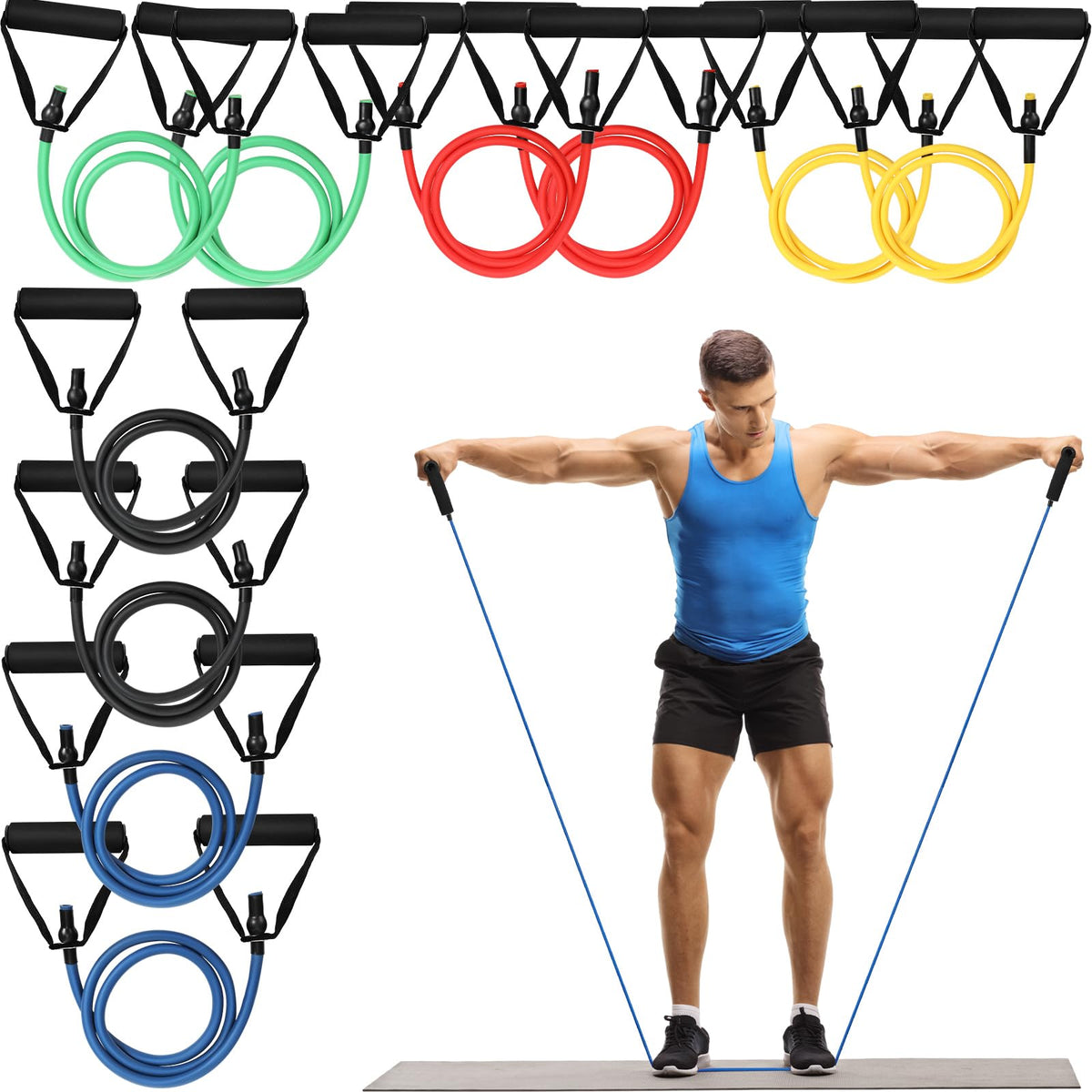Shappy front packaging showing ten colorful resistance bands for easy selection