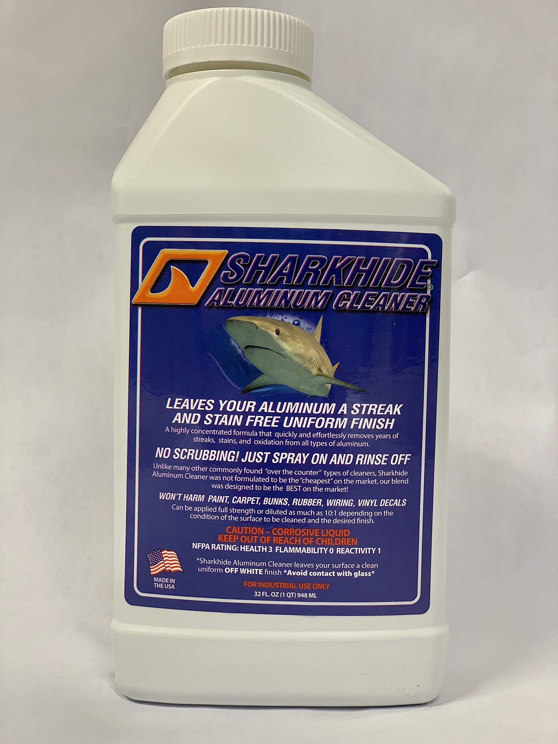 Sharkhide aluminum cleaner front label showing product and usage guidance for easy identification