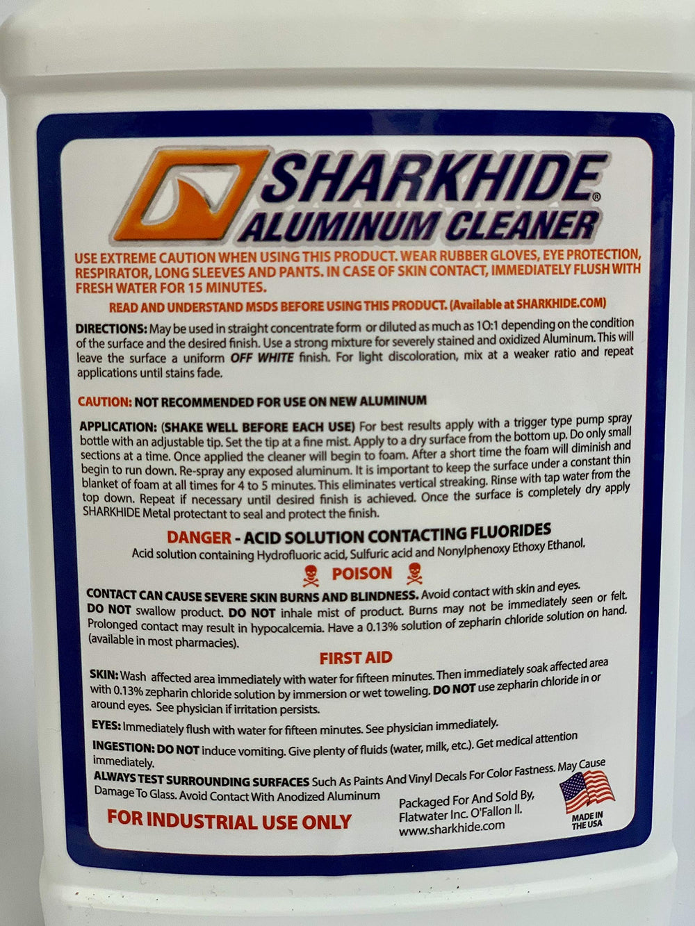Sharkhide aluminum cleaner spray in use on boat aluminum demonstrating fast stain removal