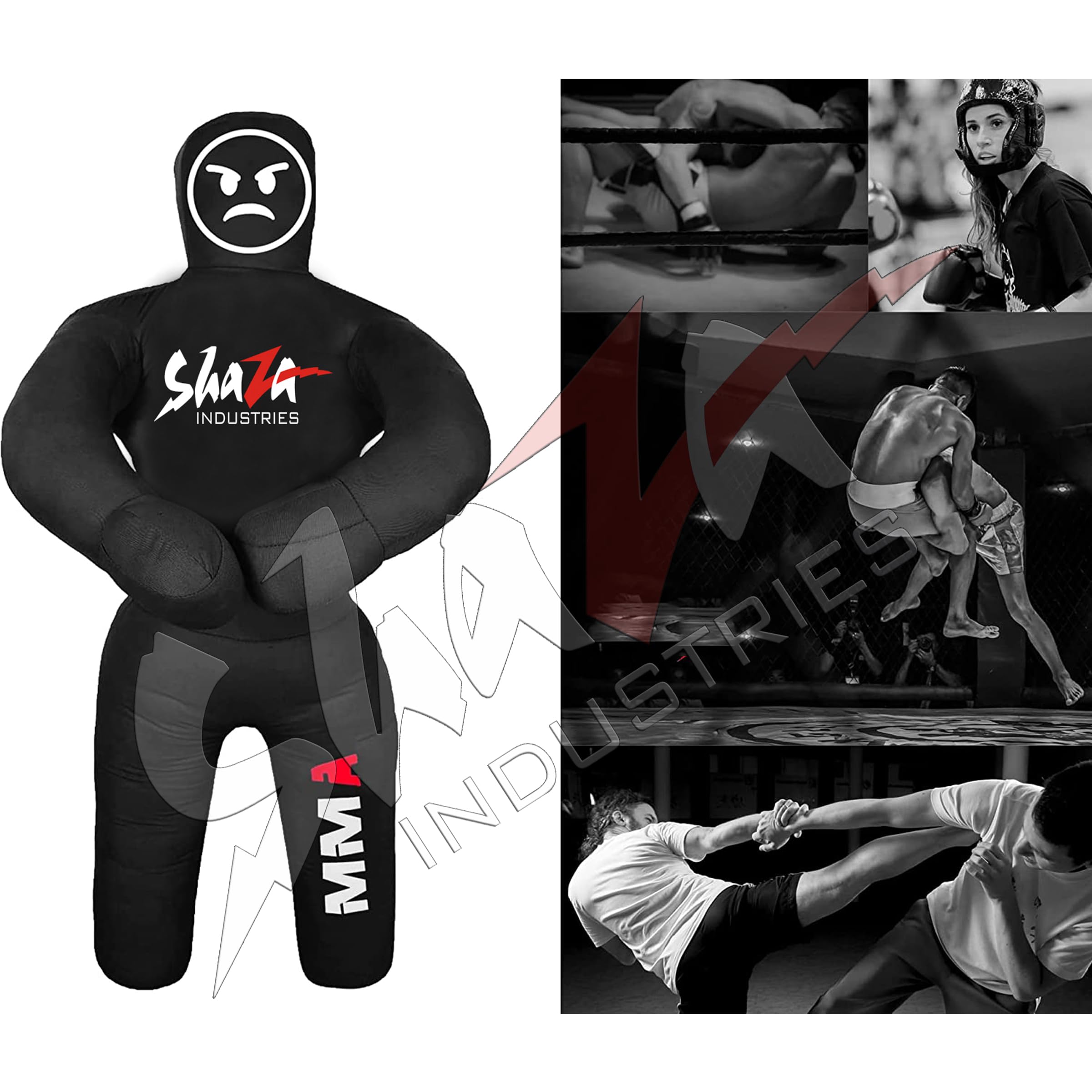 Shaza-Industries kid practicing takedown on dummy for safer skill training