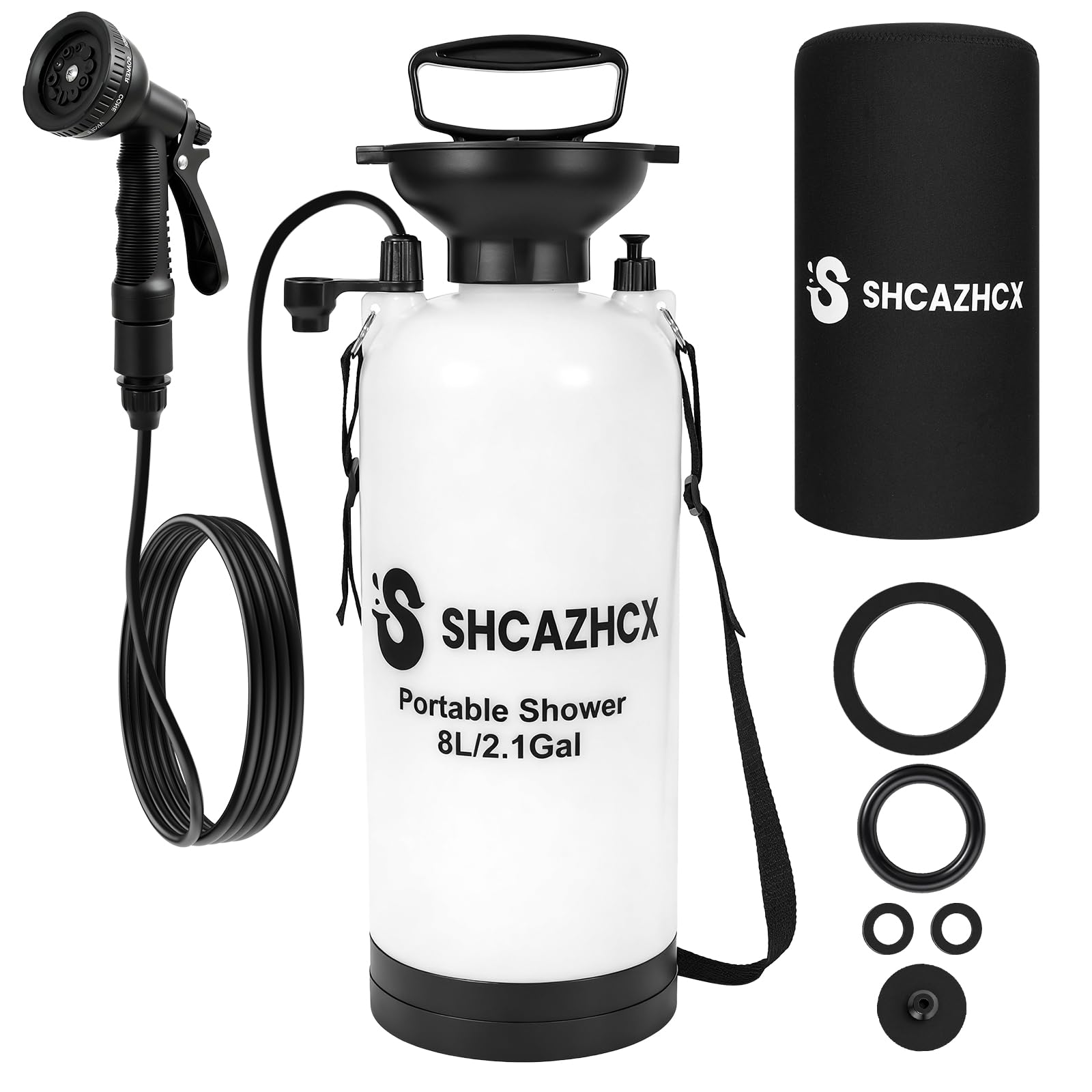 Shcazhcx front packaging showing portable shower and accessories, highlights easy transport