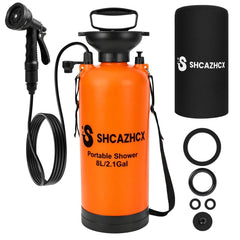 Shcazhcx portable shower front view shows compact durable tank and strap for easy transport