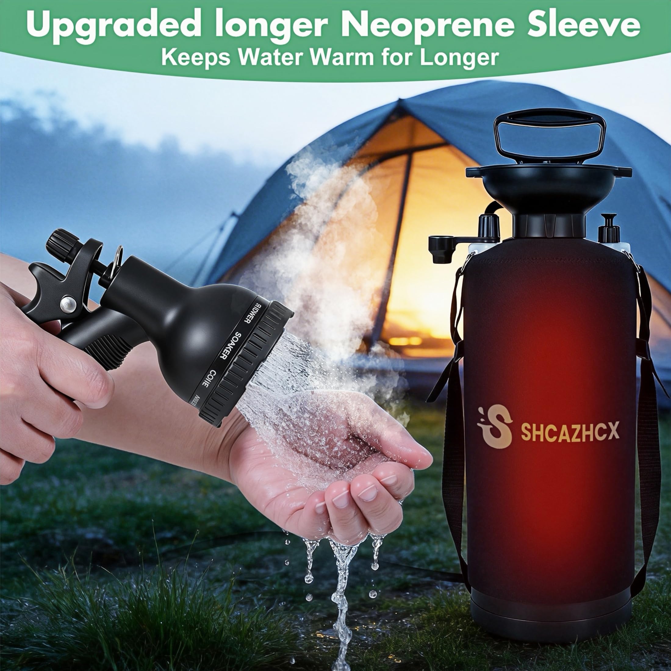 Shcazhcx portable shower in use at the beach rinsing sand off feet and gear