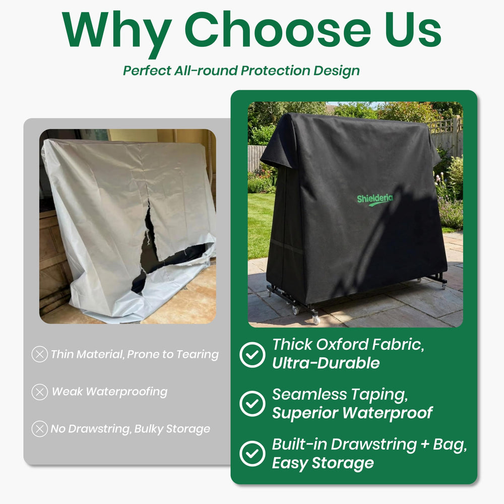 Shielderia covered folding table stored in garage protecting surface and saving space