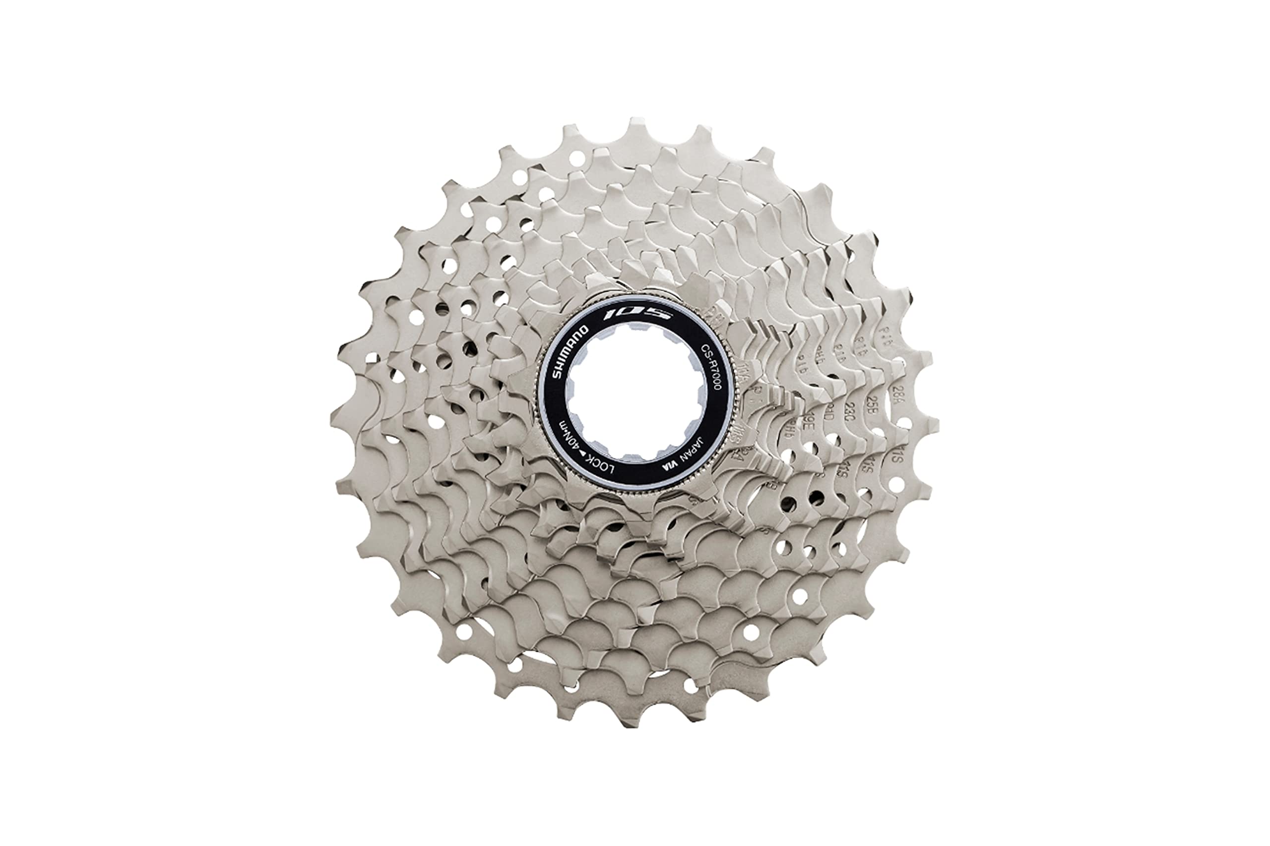 Shimano 105 CS-R7000 front view showing cassette teeth and clean silver finish for reliable shifts