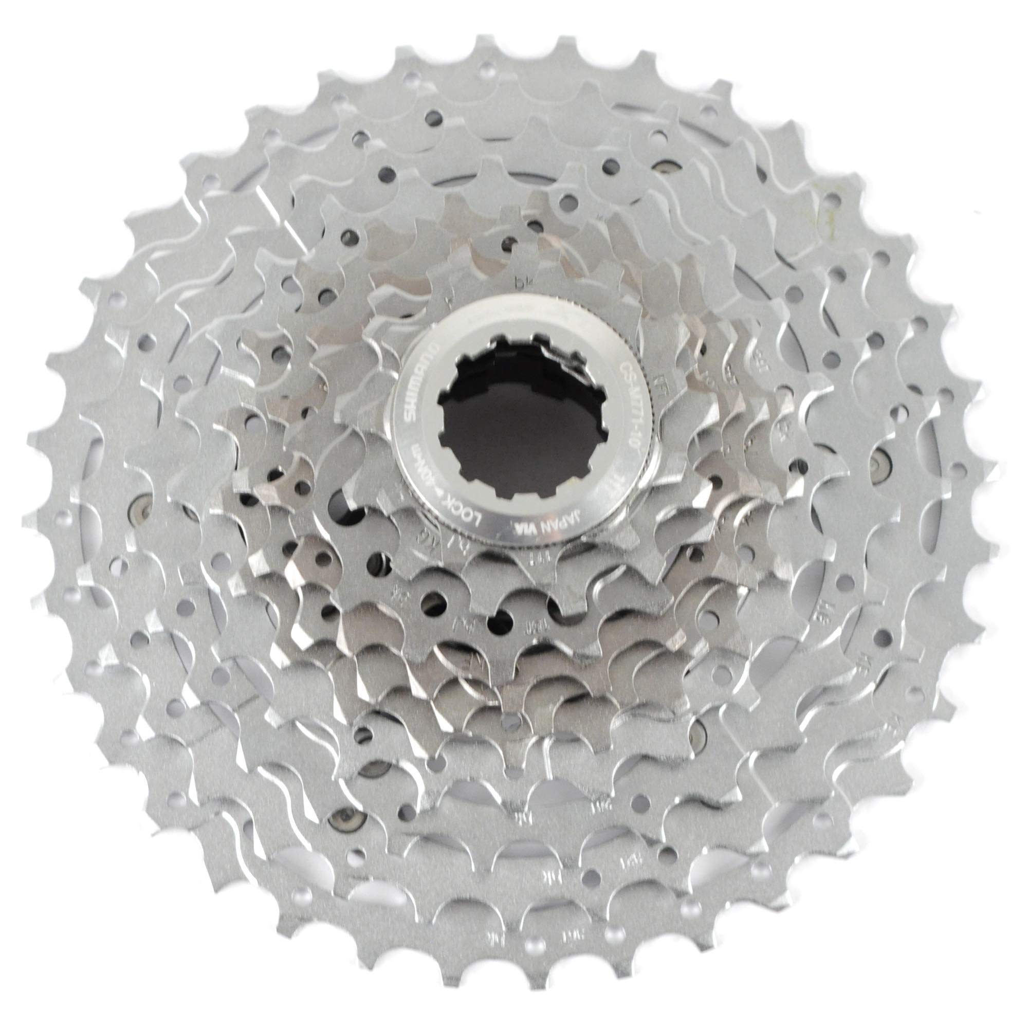 SHIMANO Deore XT cassette front view showing compact stacked design and durable finish