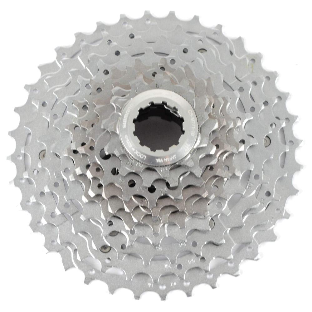 SHIMANO Deore XT cassette front view showing compact stacked design and durable finish