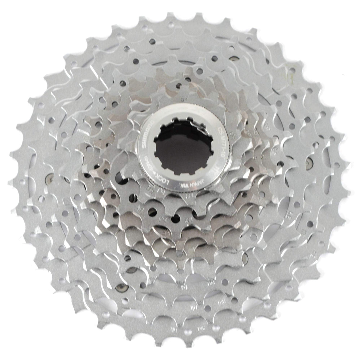 SHIMANO Deore XT cassette front view showing compact stacked design and durable finish