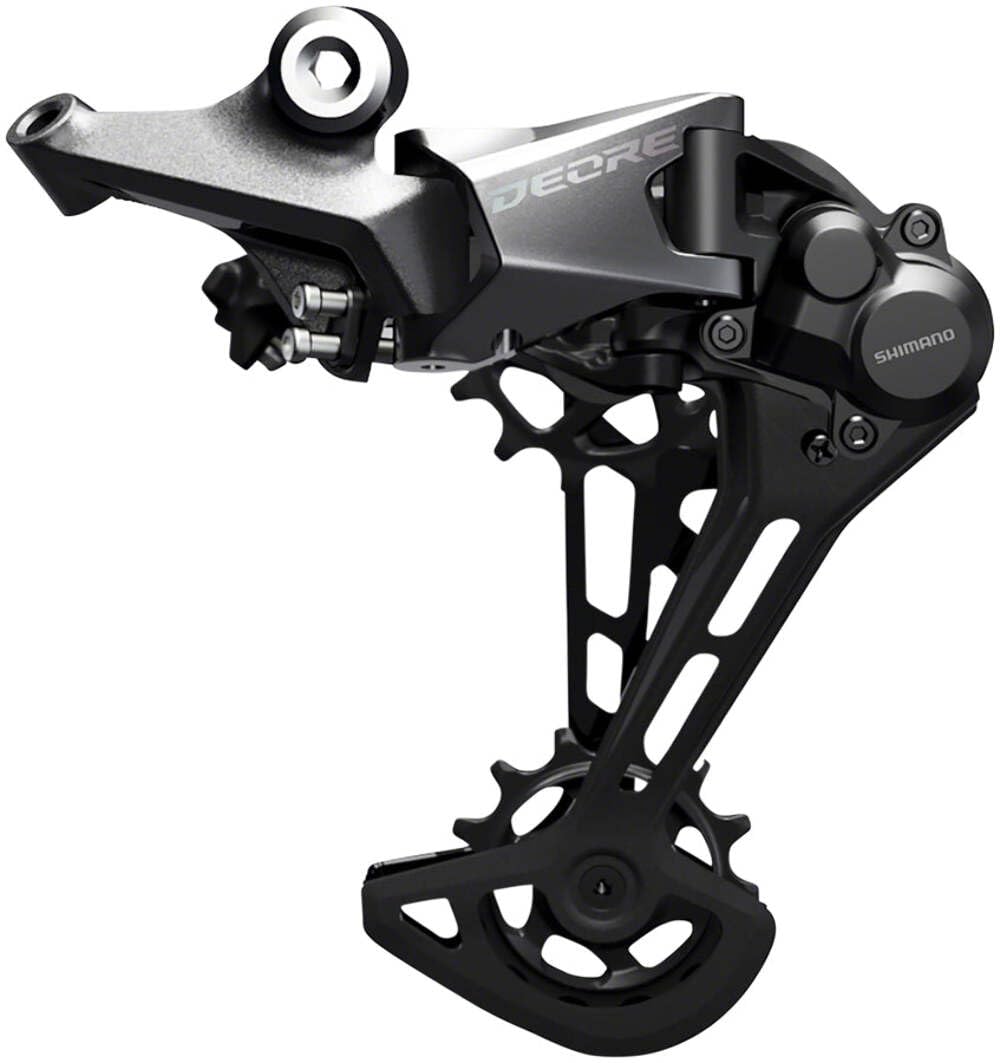 SHIMANO RD-M6100 front profile showing mounting and long cage for stable shifting