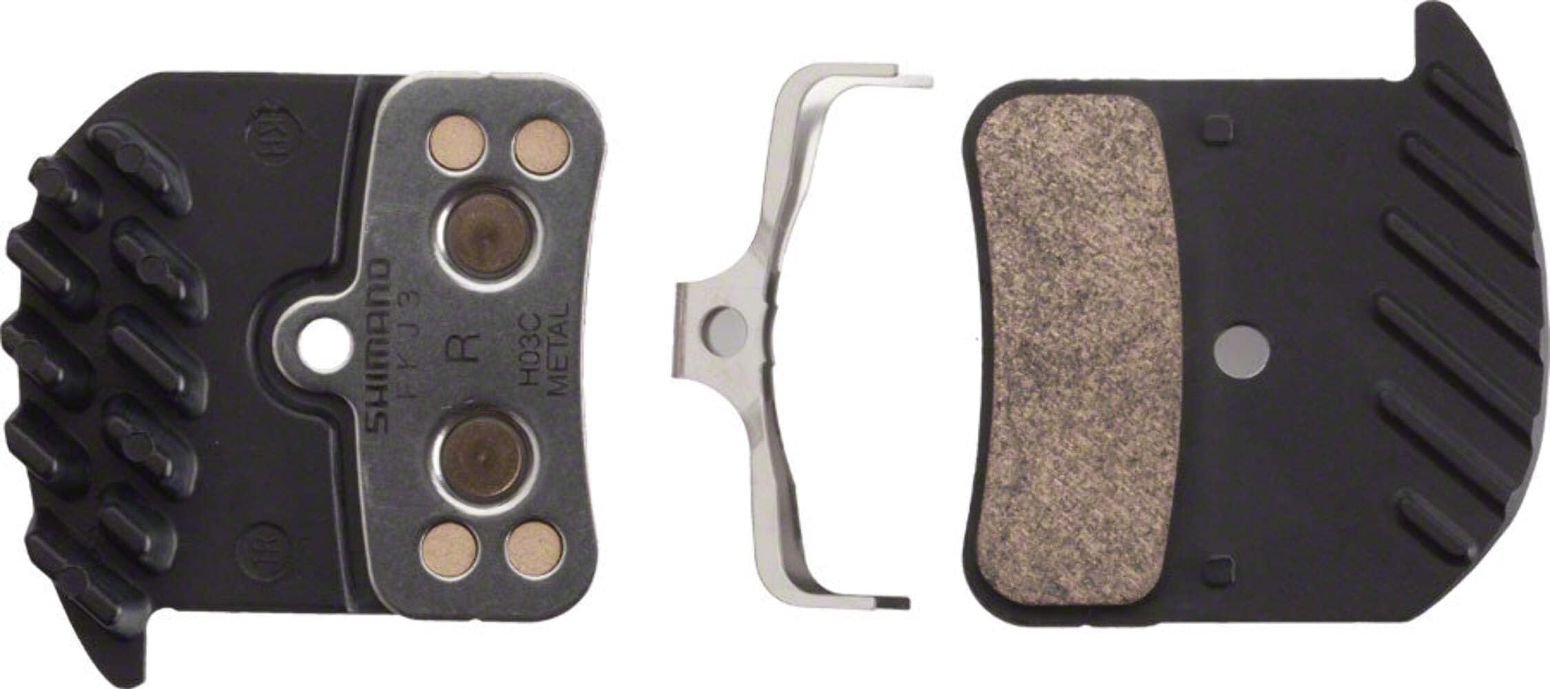 SHIMANO H03C pad close-up of aluminum cooling fins and stainless backplate, improves heat control