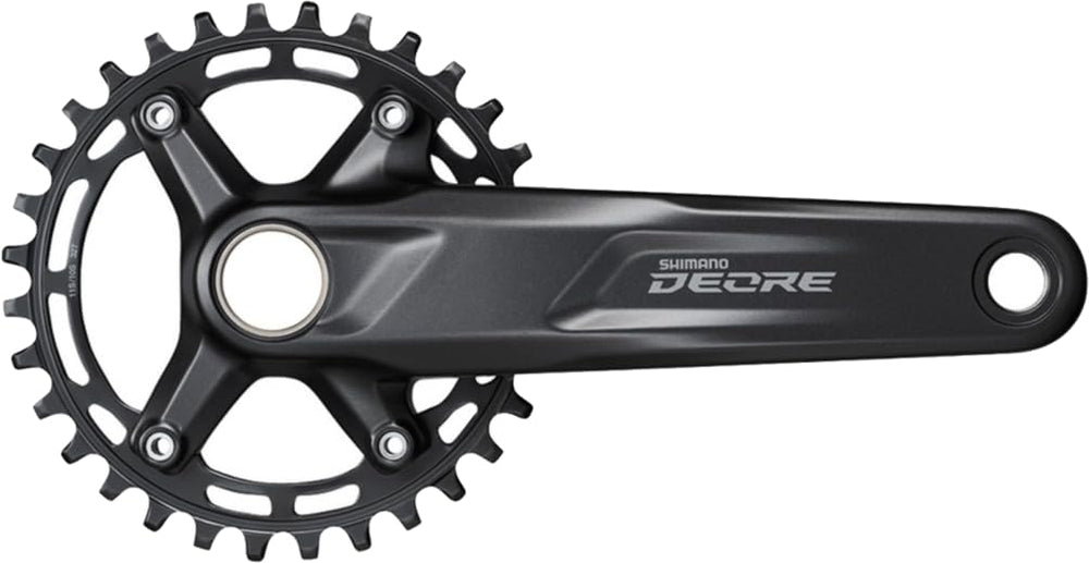 SHIMANO M5100 crankset front view showing aluminum arms and 30T ring for improved power transfer