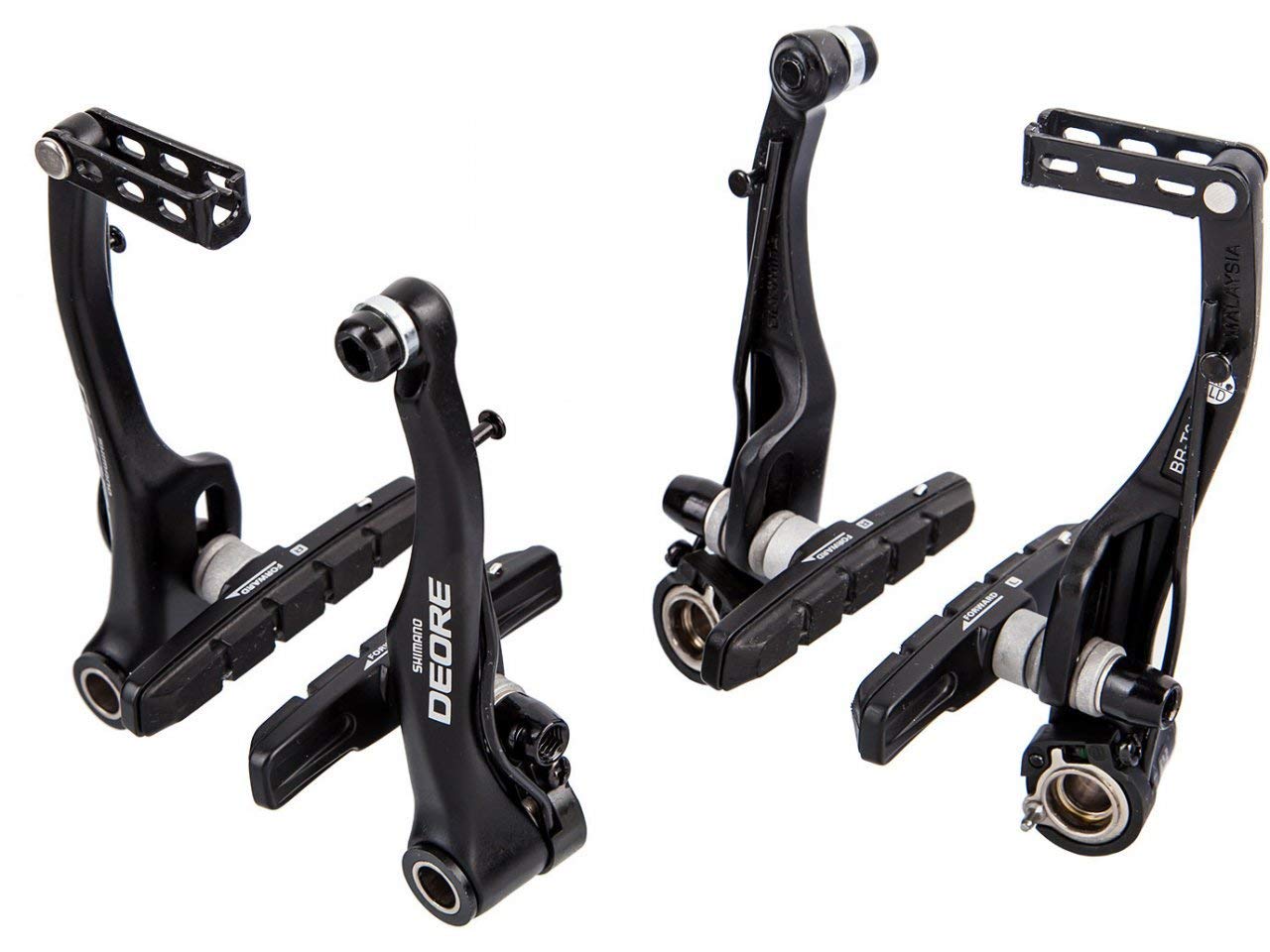 SHIMANO T610 front V-brake front view showing compact 107mm arch and black finish for reliable stopping