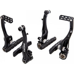 SHIMANO T610 mounted on a bicycle fork demonstrating neat 90-degree cable lead and tidy routing benefit