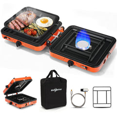SHINESTAR front view showing dual burners and pot supports for versatile cooking
