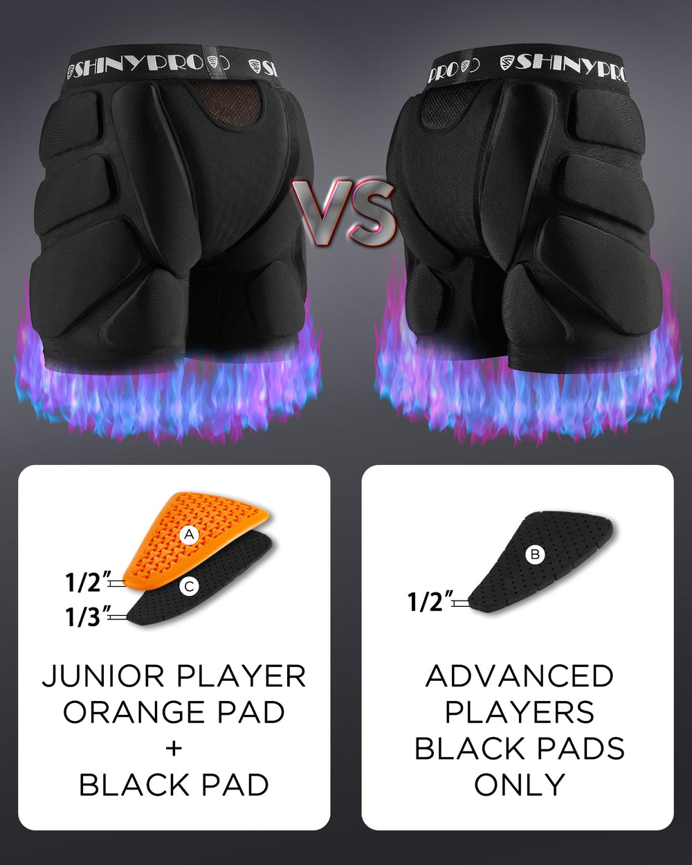 SHINYPRO side view highlighting hip and thigh protection zones for confident movement