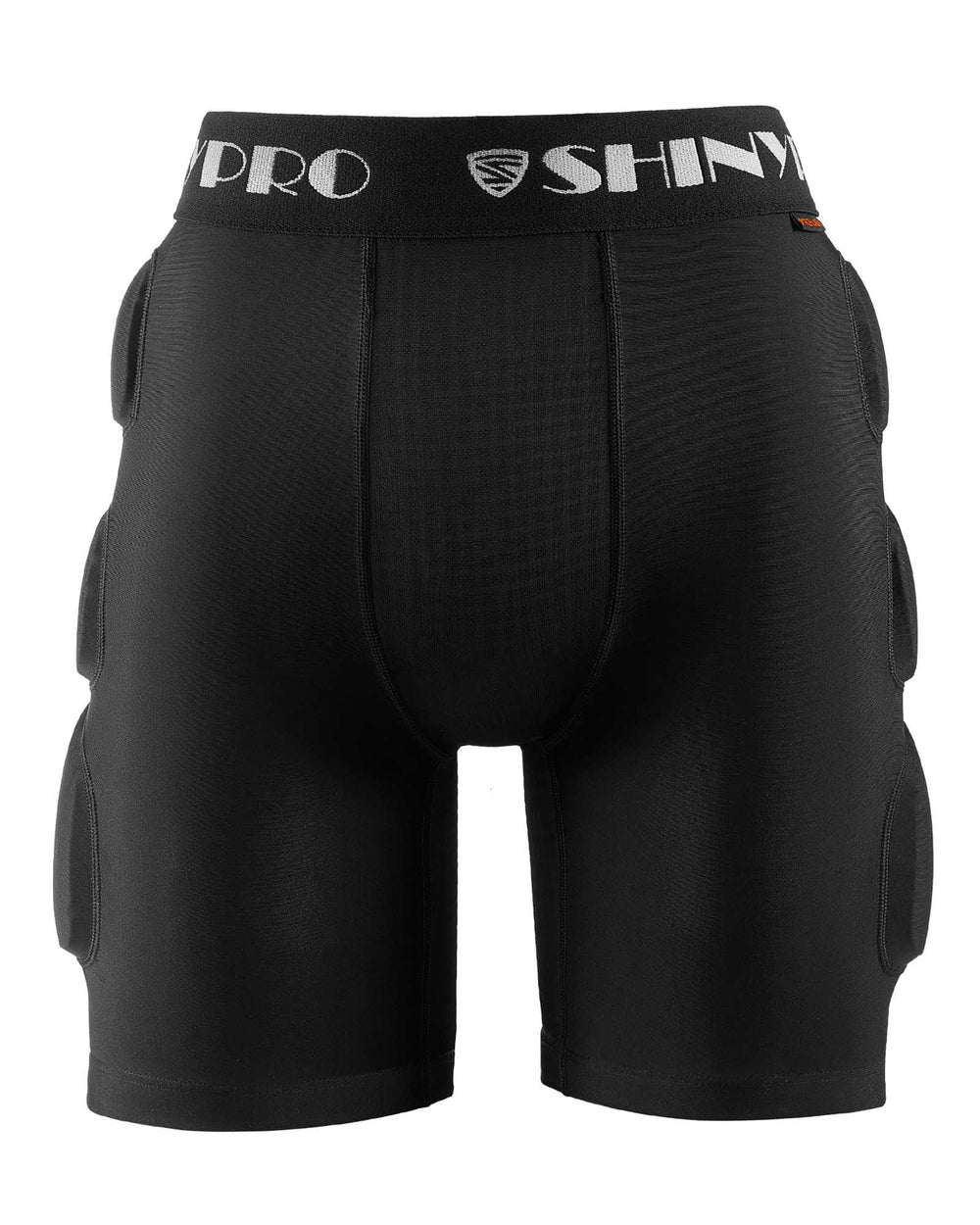 SHINYPRO shorts next to hand for scale to show compact protective profile