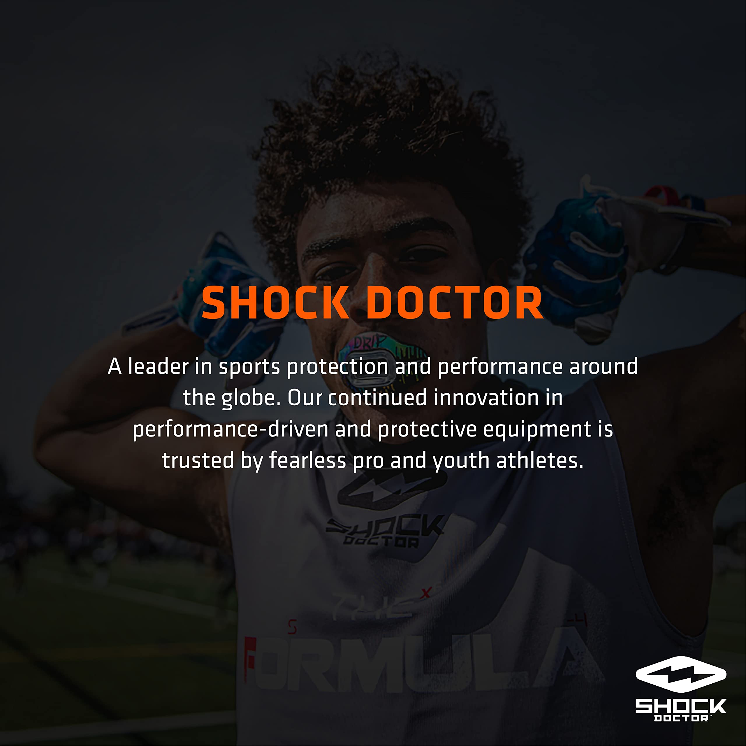 Shock Doctor mouthguard on a football field demonstrating game-ready protection