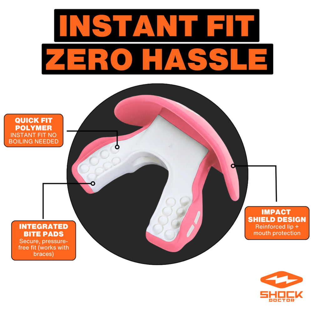 Shock Doctor side profile highlighting low-profile bite pads for jaw comfort