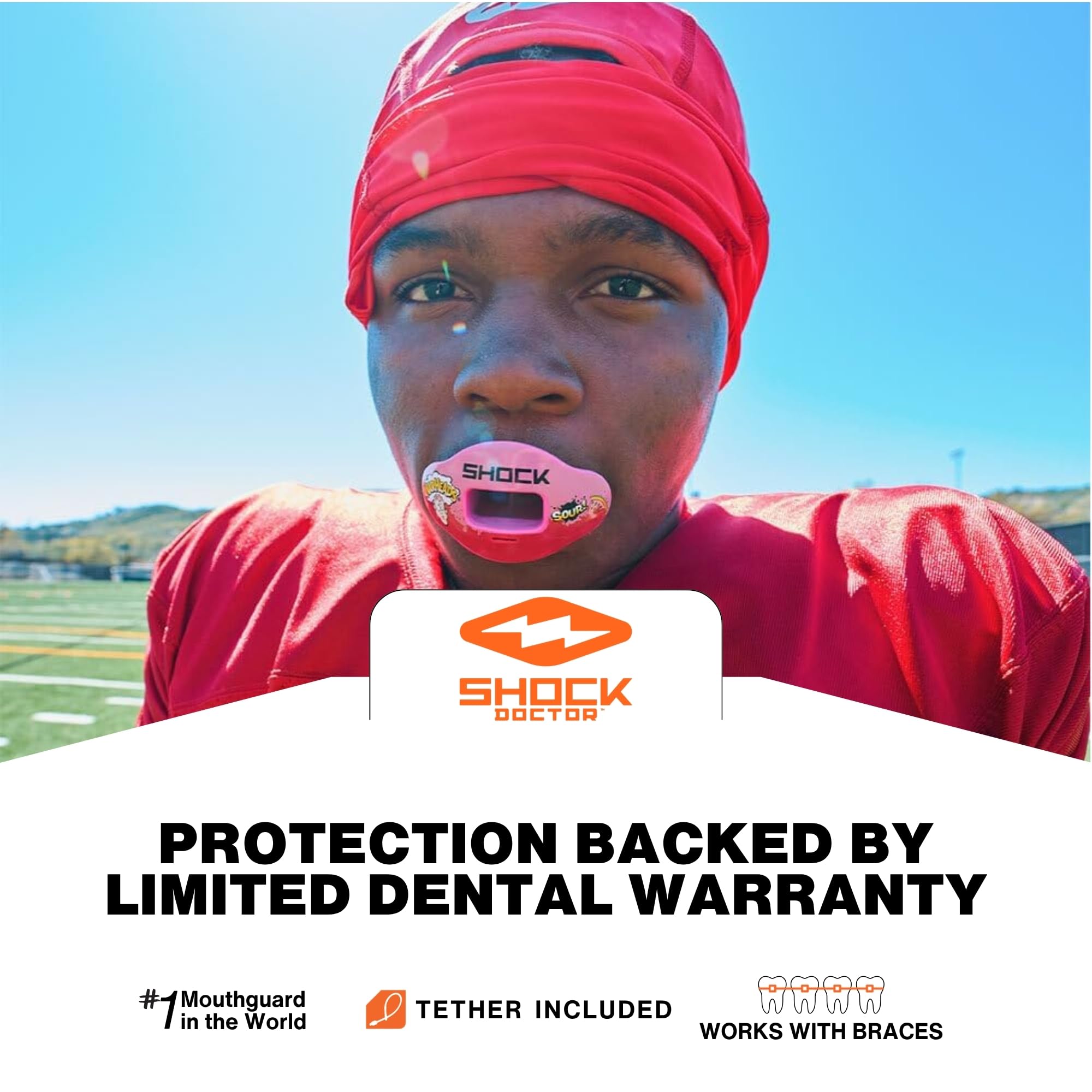 Shock Doctor with detachable strap attached to helmet for secure football use