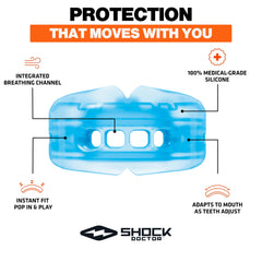 Shock Doctor mouth guard shown in a football helmet aiding breathing and impact management