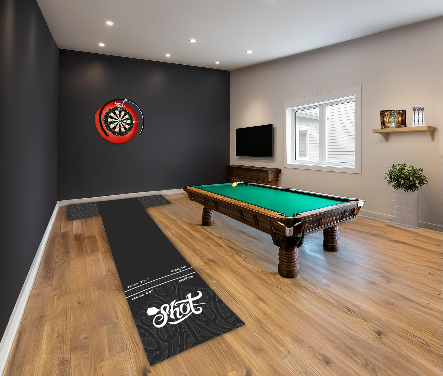 Shot! overview showing side coverage protecting adjacent floor areas from darts
